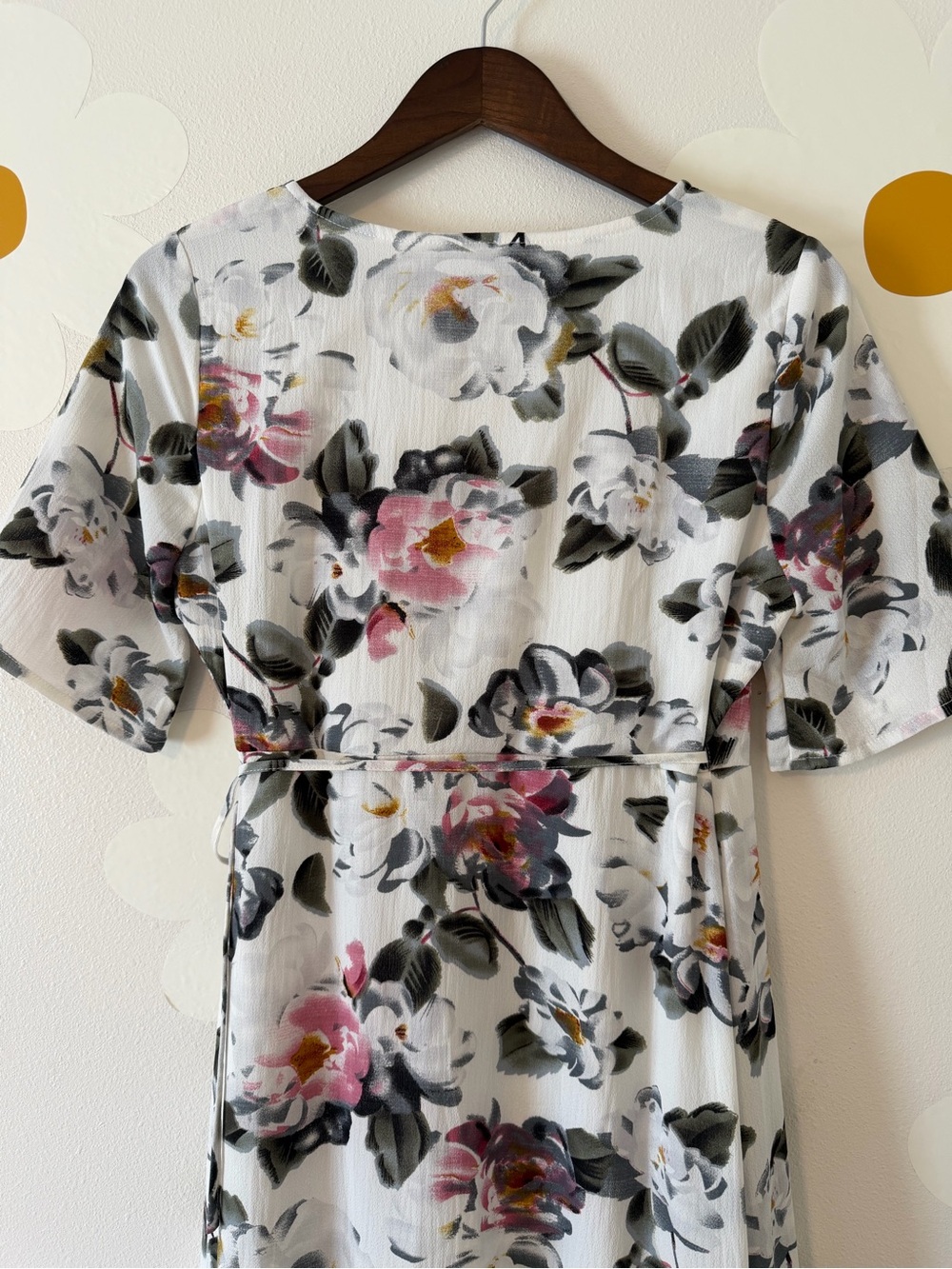 EUC Baltic Born White Pink Floral Wrap Midi Dress with Flutter Sleeves - Picture 7 of 11